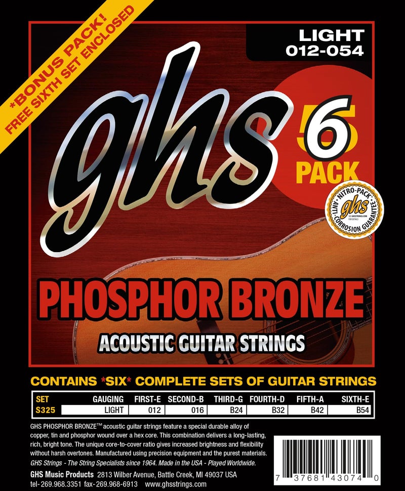 GHS Strings â€“ Phosphor Bronze Acoustic Guitar Strings â€“ Warm, Rich Tone, Balanced & Long-Lasting - For Acoustic, Fingerstyle, Strumming, Country, Rock, S325 Set (L) Light Gauge 13-56, 6 PACK - Image 1